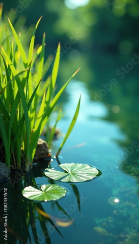 Aquatic plants swaying in wind on lake surface, bubble, swaying, water