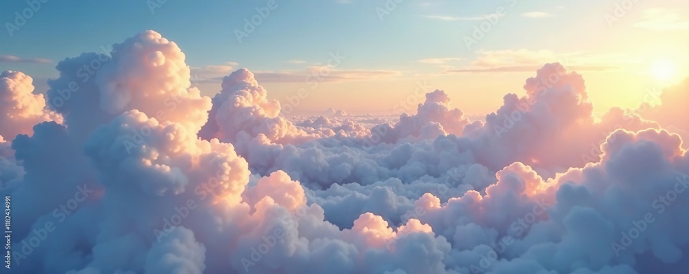 Softly glowing cumulus clouds stretch across the sky, gentle, panoramic, Softly glowing cumulus clouds stretch across the sky, gentle, panoramic,