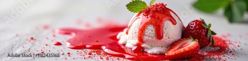 Colorful strawberry sauce splattered on the ice cream, dessert enhancement, taste enhancer