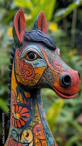 Colorful horse sculpture, garden backdrop, art, home decor photo