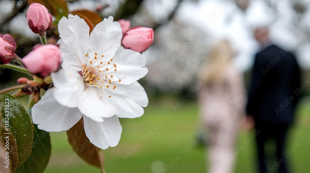 Obraz premium A white flower on a tree with pink flowers