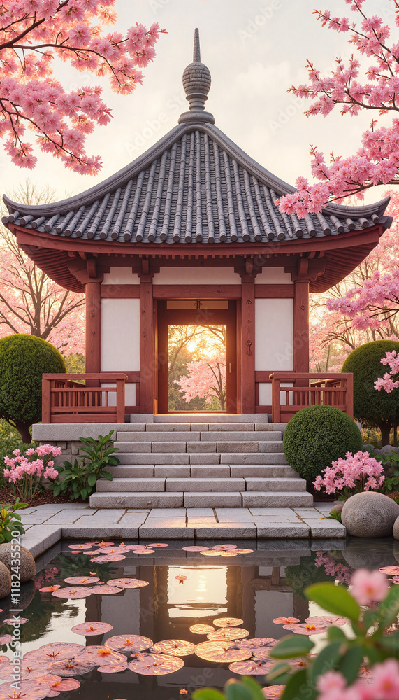 Serene Asian pagoda in cherry blossom garden, peaceful retreat Serene Asian pagoda in cherry blossom garden, peaceful retreat