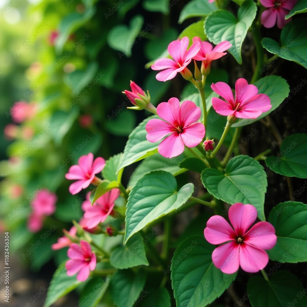 Pink geraniums growing amidst lush greenery and vines, leaves, vines Pink geraniums growing amidst lush greenery and vines, leaves, vines