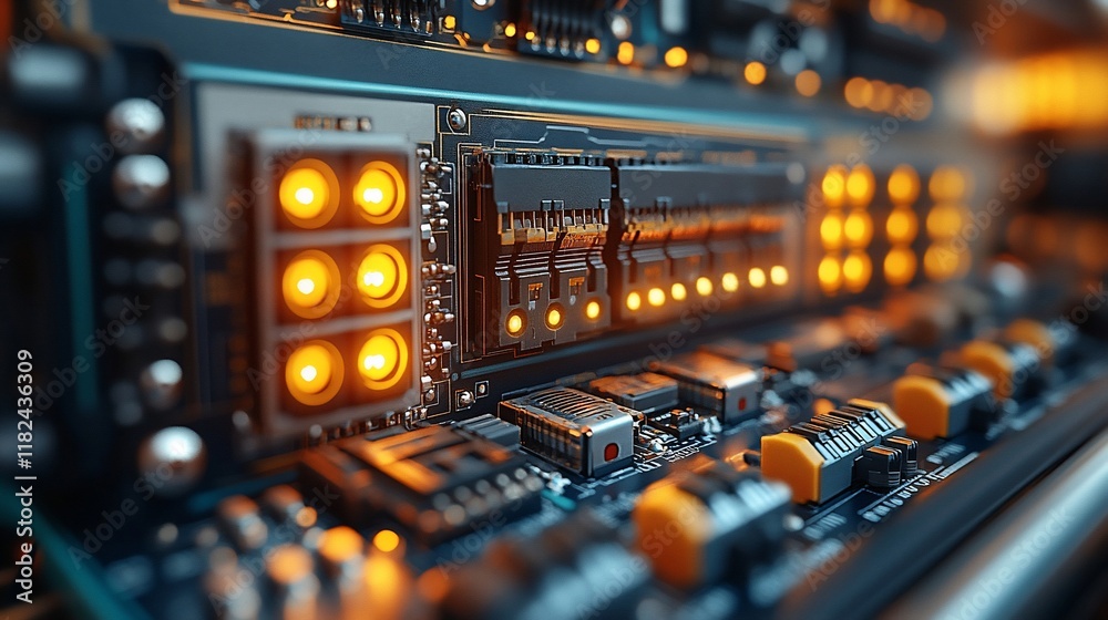 Illuminated Computer Circuit Board Components Closeup