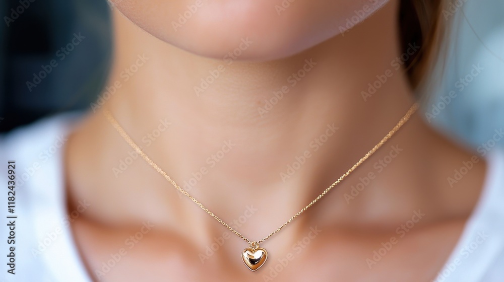 A woman wearing a gold necklace with a heart pendant A woman wearing a gold necklace with a heart pendant