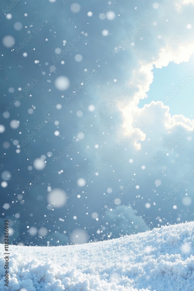 Fototapeta premium Snowflakes fall from a grey sky with white fluffy clouds in soft focus, grey sky, falling snow, frosty landscape