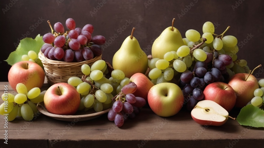 Fruit on the table, green and blue grapes, apples and pears Fruit on the table, green and blue grapes, apples and pears