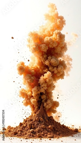 Brown powder burst in air against stark white backdrop, explosion, dust, fieriness photo