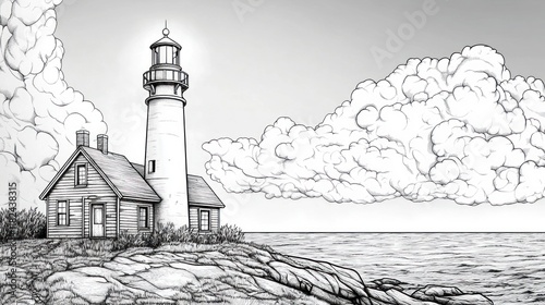 Coastal lighthouse illustration, stormy sky, keeper's house, ocean, book cover