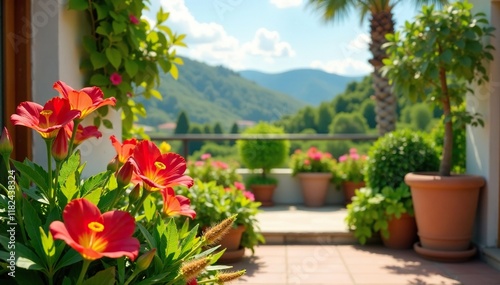 Flores de jazm?n en una terraza con vista al jard?n, floreciente, vista, verano photo