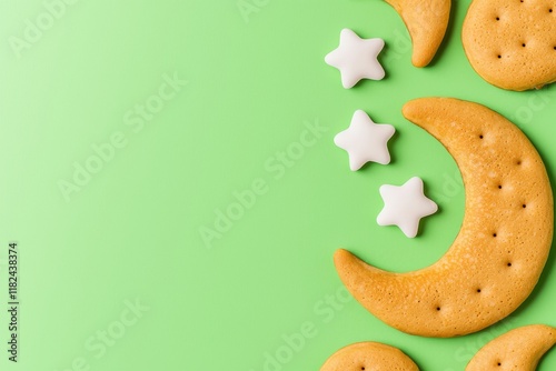 Qatayef, traditional Arabic Ramadan sweets, are semolina pancakes from the Middle East, filled with nuts and cheese, shown from above with space for text photo