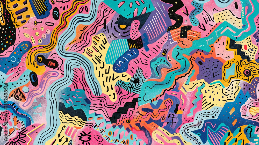 A whimsical abstract pattern featuring scattered hand-drawn doodles in vibrant pastel hues A whimsical abstract pattern featuring scattered hand-drawn doodles in vibrant pastel hues