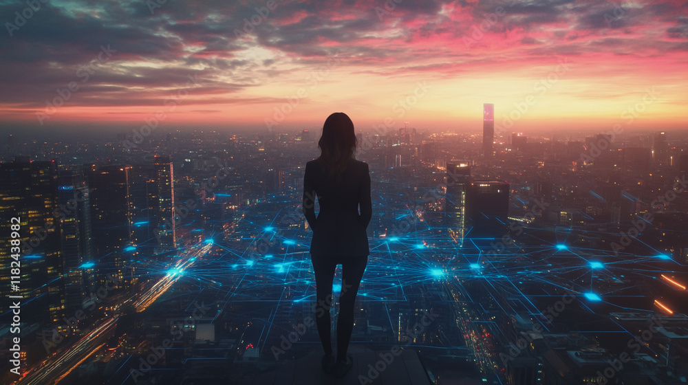 Abstract business woman stands on the peak of success amid tall, innovative Smart city and graphs with statistics to analyze business potential and predict future developments in company growth. Abstract business woman stands on the peak of success amid tall, innovative Smart city and graphs with statistics to analyze business potential and predict future developments in company growth.