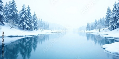Abstract white background with frozen lake elements in blue hues, white background, calm, serenity