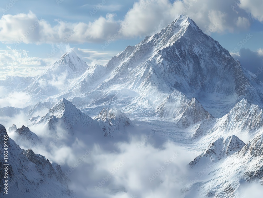 Obraz premium majestic 3d visualization of mount everest's snow-capped peaks with dramatic clouds and pristine glaciers in stunning photorealistic detail