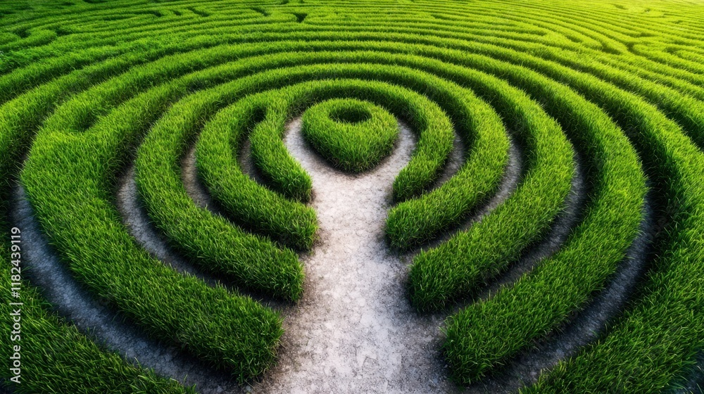 A maze in the middle of a green field with a path going through it A maze in the middle of a green field with a path going through it