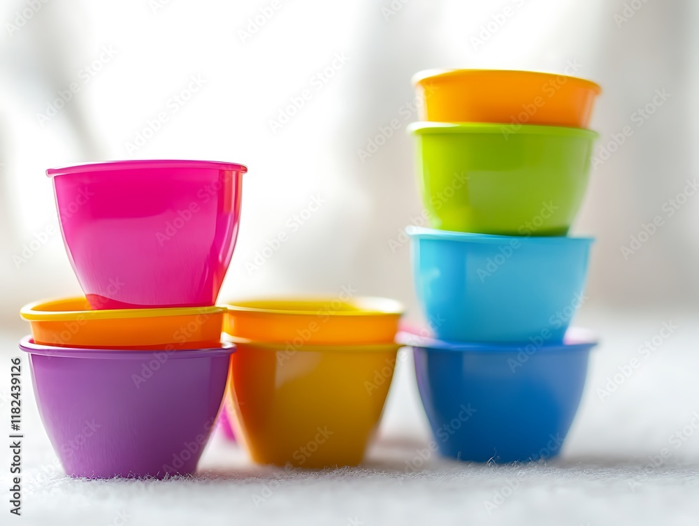 Colorful toy stacking cups arranged in a tower on a soft light gray surface Colorful toy stacking cups arranged in a tower on a soft light gray surface