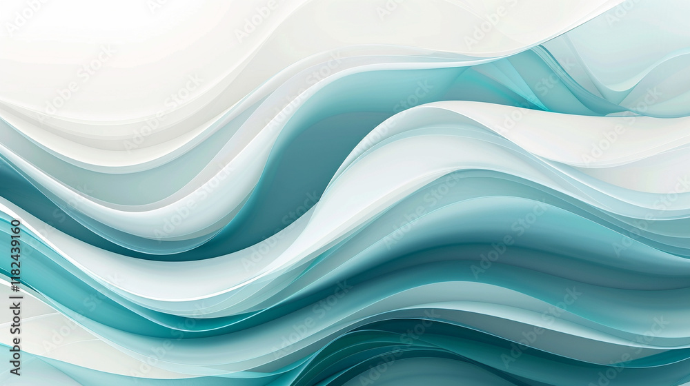 An abstract layered wave pattern with smooth curves in shades of turquoise, white, and grey An abstract layered wave pattern with smooth curves in shades of turquoise, white, and grey
