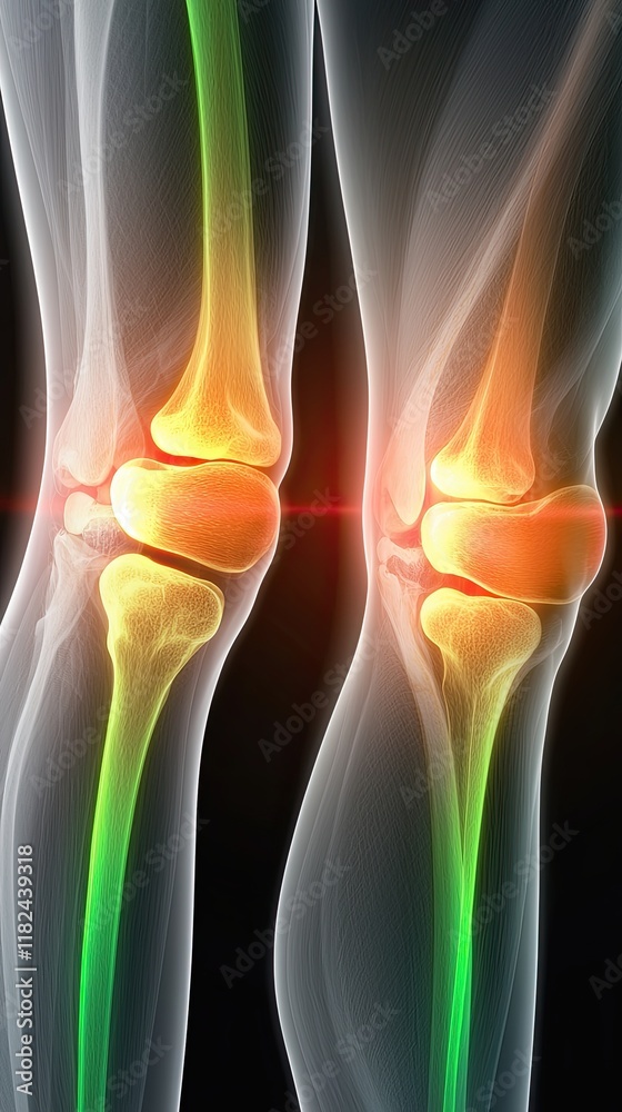 Naklejka premium Comparative X-Ray Views Showcasing Healthy and Affected Body Parts, a split-view X-ray featuring two knees, one healthy and one with joint issues, accentuated with neon green and red highlights