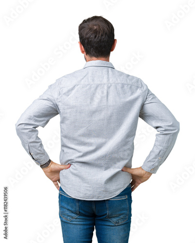 Handsome middle age elegant senior man wearing glasses over isolated background standing backwards looking away with arms on body