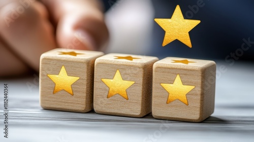 A hand adds a golden star to three wooden blocks with stars signifying a four-star rating. Ideal for customer satisfaction feedback and review concepts.