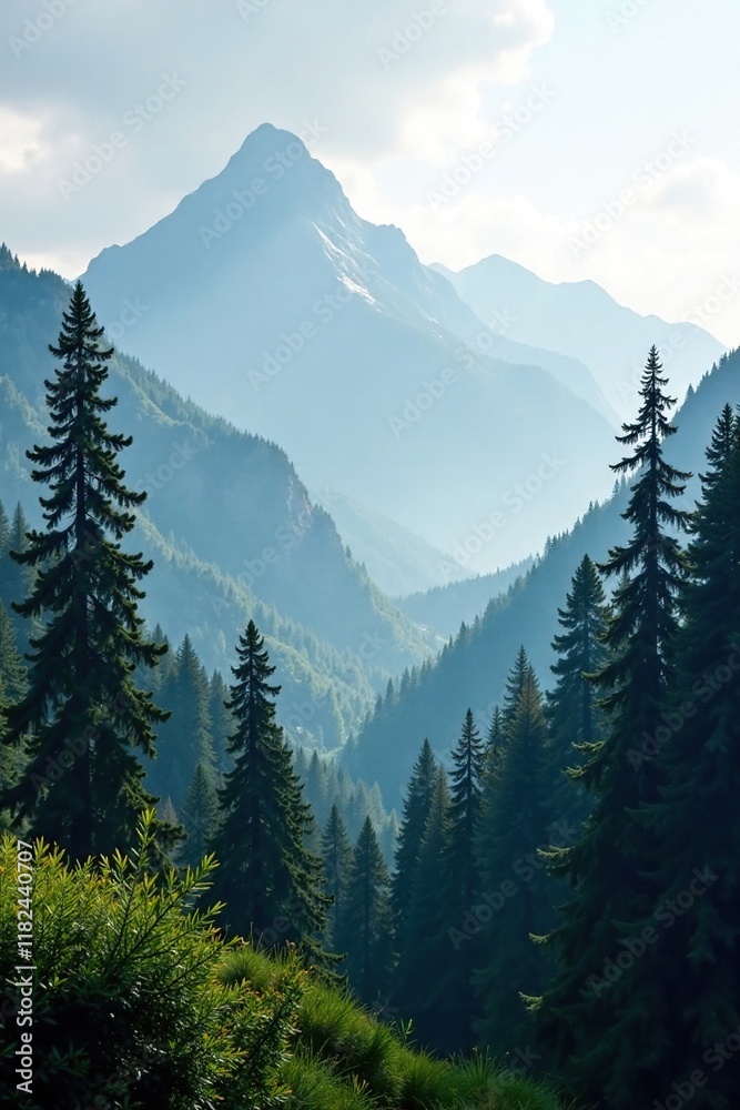 Dense forest of towering pine trees stretching into the distance, mountain range, misty, serene Dense forest of towering pine trees stretching into the distance, mountain range, misty, serene