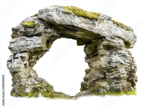 majestic natural stone arch formation with ancient moss and lichen coverage, isolated archaeological monument against pure white background photo