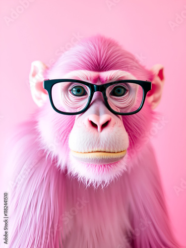 a pink monkey wearing glasses on a pink background photo