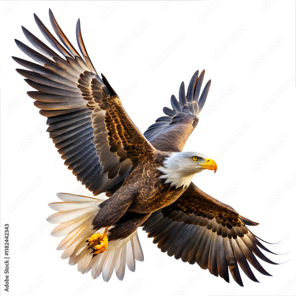 Fototapeta premium American bald eagle flying on white background 