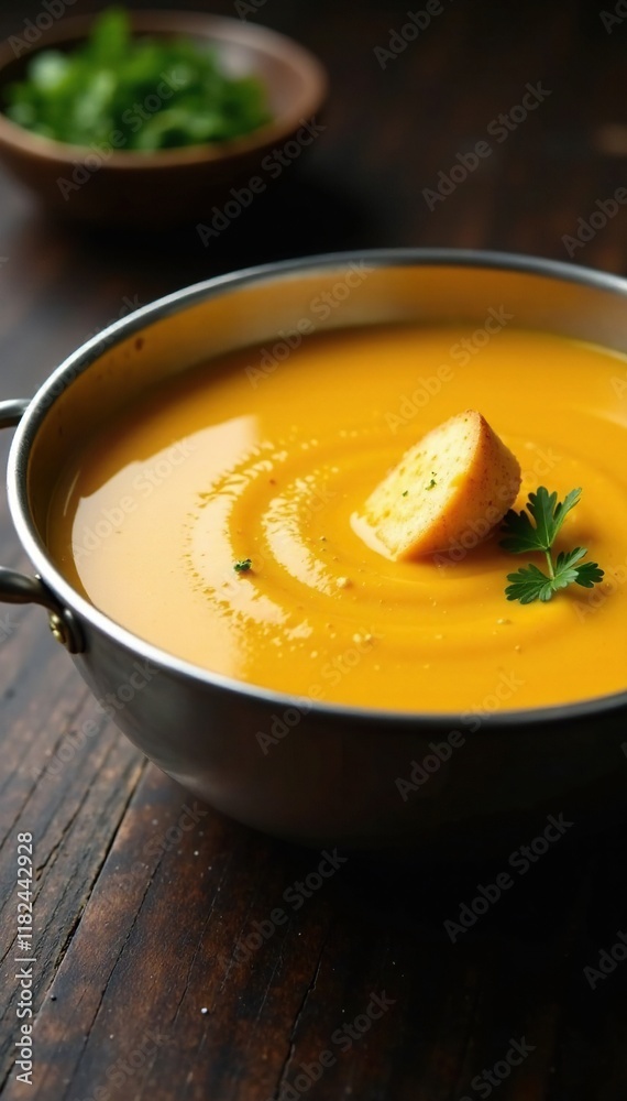 Bisque in a large metal bowl with croutons on top, soup, stainless steel Bisque in a large metal bowl with croutons on top, soup, stainless steel