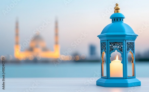 A serene mosque background with a beautiful glowing lantern for a Ramadan Kareem greeting photo