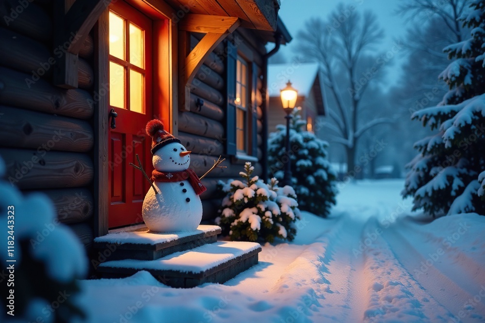 Fototapeta premium Snowy evening scene with snowman in plate by door, soft lighting, wintry decor, snowy doorstep