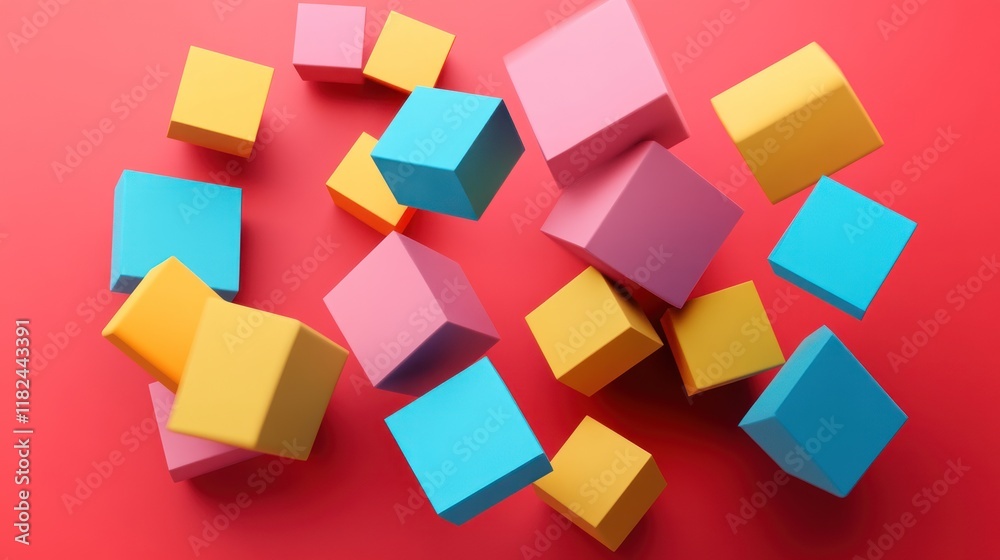 Abstract Colorful Cubes Falling on Red Background: A 3D Render of Dynamic Geometric Shapes Abstract Colorful Cubes Falling on Red Background: A 3D Render of Dynamic Geometric Shapes