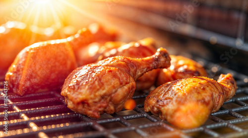 chicken breast/ drumsticks on a grill in the garden, house summer party, doing a bbq / barbecue	