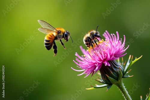 Helophilus trivittatus sipping nectar from a thistle in mid-air, garden, insects, thistle photo