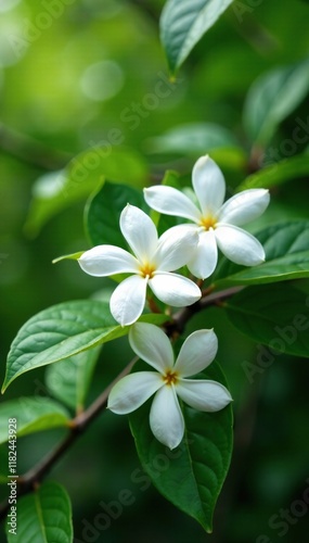 Jasmine flowers in full bloom on a lush green tree branch, floral, foliage