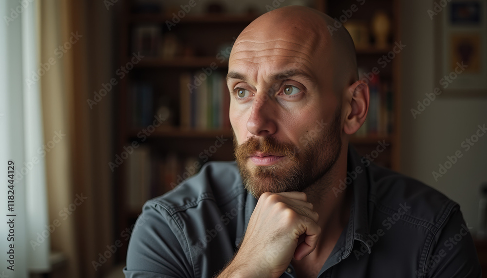 Mature man with a beard, lost in thought, depicted in a serene indoor setting, embodying introspection and character. Mature man with a beard, lost in thought, depicted in a serene indoor setting, embodying introspection and character.