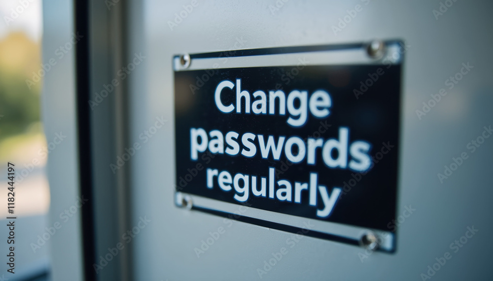 Fototapeta premium Close-up of a sticker stating 'Change passwords regularly' serving as a security reminder in a professional environment.