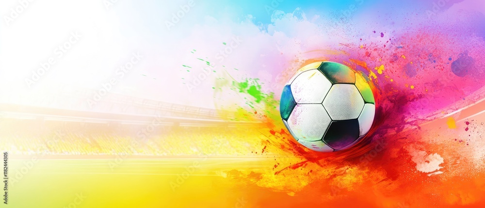 Obraz premium Vibrant Soccer Ball Splash with Colorful Background on Stadium Field