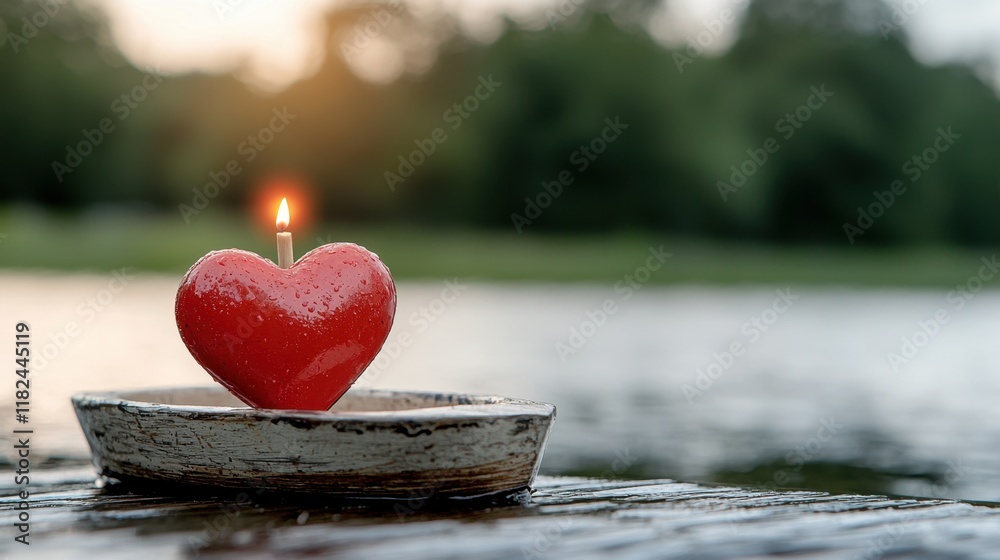 Fototapeta premium A red heart shaped candle sitting on top of a wooden boat