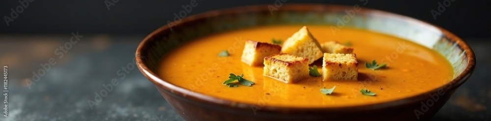 Bisque in a large metal bowl with croutons on top, modern, elegant Bisque in a large metal bowl with croutons on top, modern, elegant