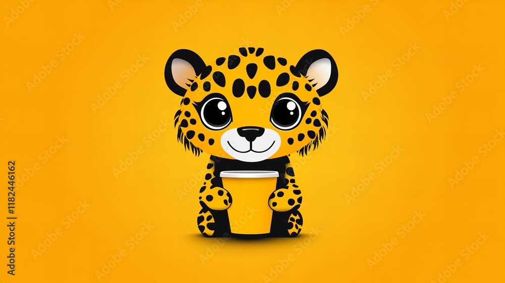 Adorable cartoon cheetah cub holding a cup against a vibrant yellow background. Perfect for kids' content! Adorable cartoon cheetah cub holding a cup against a vibrant yellow background. Perfect for kids' content!