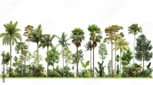 Lush tropical forest isolated on white background. Ideal for architectural visualization, landscaping design, and creating exotic environments.