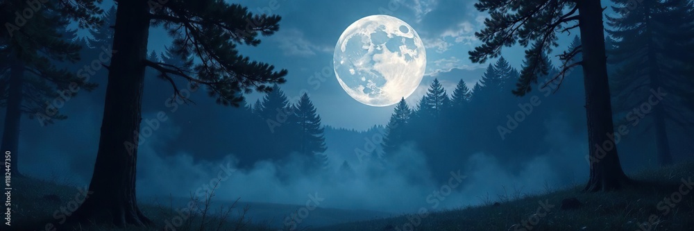 Silvery full moon glowing through misty forest, forest, nighttime Silvery full moon glowing through misty forest, forest, nighttime