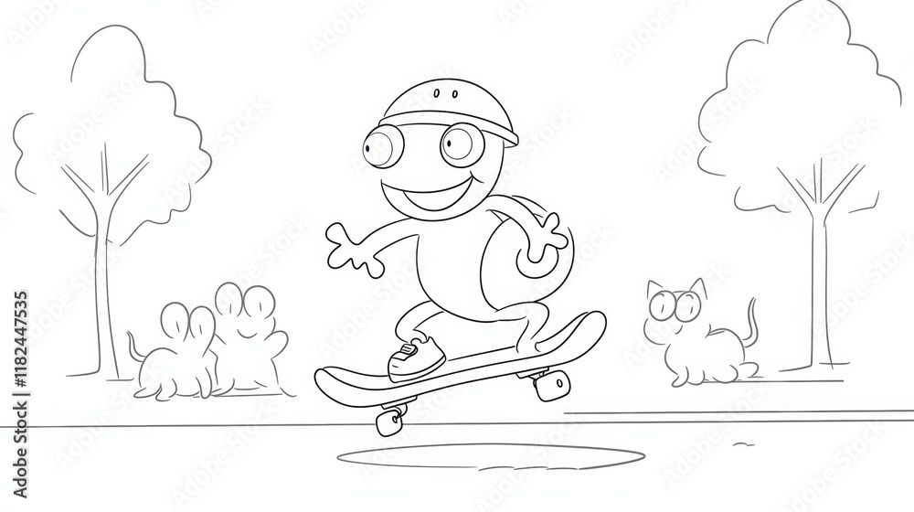 cheerful cartoon character skateboarding with helmet, surrounded by animals cheerful cartoon character skateboarding with helmet, surrounded by animals