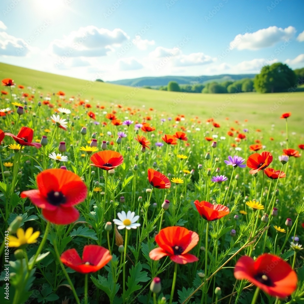 Colorful mix of wildflowers and poppies in a field, , garden, field Colorful mix of wildflowers and poppies in a field, , garden, field