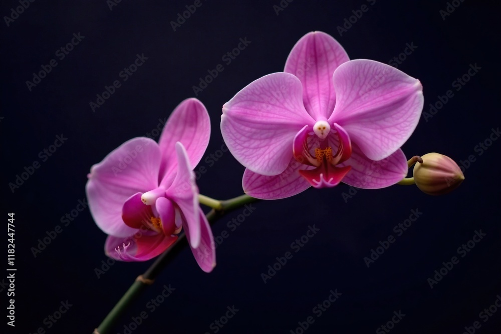 Delicate pink orchids sway gently in the breeze on a dark background, calm, stem, pink flowers Delicate pink orchids sway gently in the breeze on a dark background, calm, stem, pink flowers