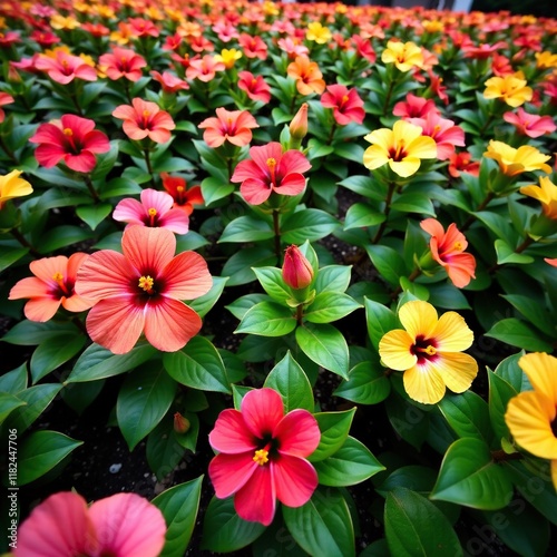 Colorful hibiscus blooms scattered across the garden, nature, flower garden, botanical