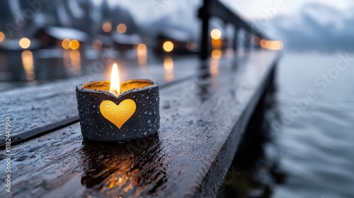A candle with a yellow heart sitting on a wooden dock