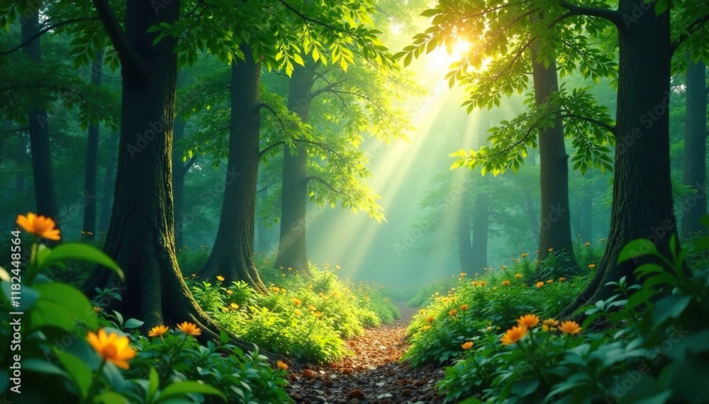 Fototapeta premium Dense forest foliage cutout with sunlight filtering through, woodlands, verdant